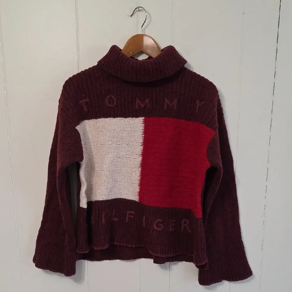 Tommy Hilfiger Burgundy and Red Turtleneck Wool Sweater Womens XS
